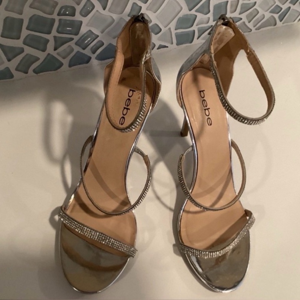 Bebe Janae Silver Strappy Heels Studded with Rhinestones‎